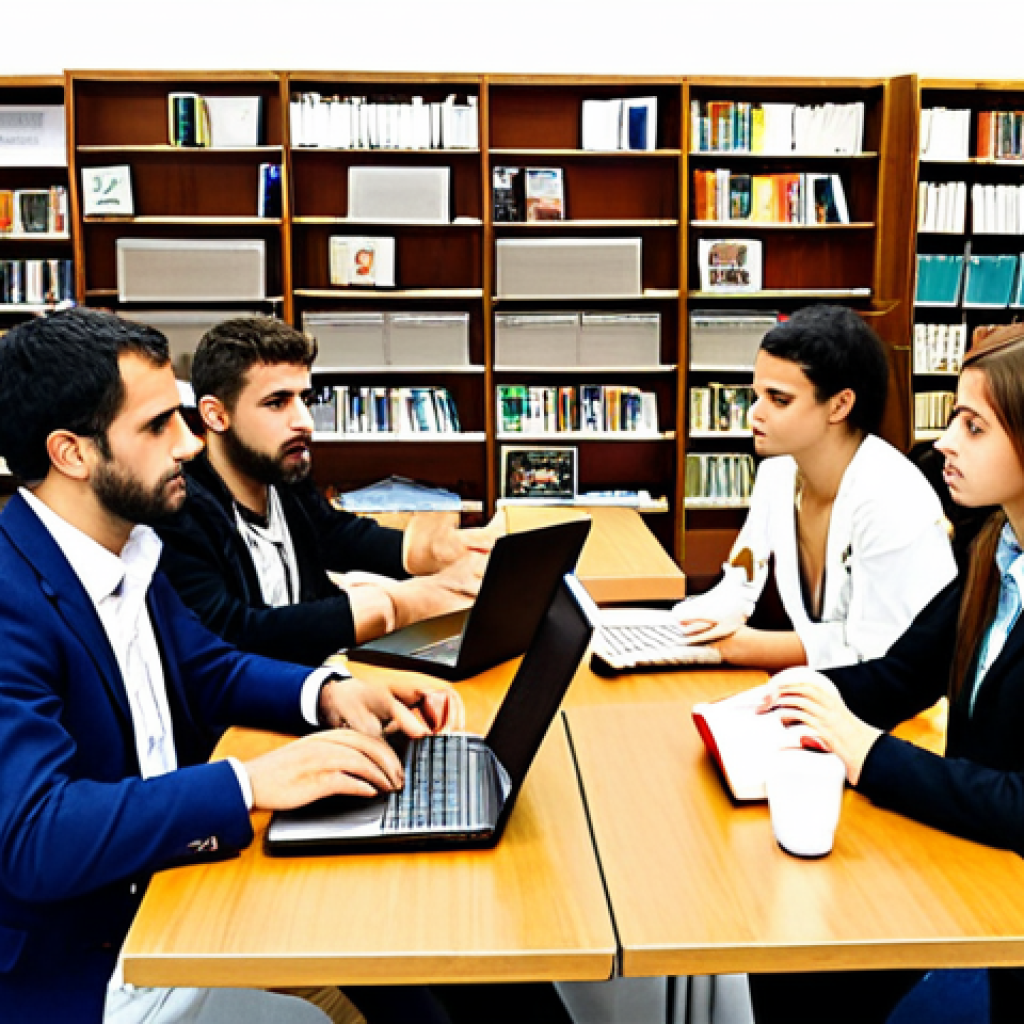 **

A group of aspiring "Administrativo Local" candidates ("opositores") in Spain studying together in a modern library. Some are using laptops, others are discussing legal texts. Include elements like "Constitución Española" books, "temario" notes, and "café con leche." The overall tone is collaborative and motivating.

**