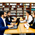 **

A group of aspiring "Administrativo Local" candidates ("opositores") in Spain studying together in a modern library. Some are using laptops, others are discussing legal texts. Include elements like "Constitución Española" books, "temario" notes, and "café con leche." The overall tone is collaborative and motivating.

**