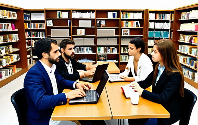**

A group of aspiring "Administrativo Local" candidates ("opositores") in Spain studying together in a modern library. Some are using laptops, others are discussing legal texts. Include elements like "Constitución Española" books, "temario" notes, and "café con leche." The overall tone is collaborative and motivating.

**