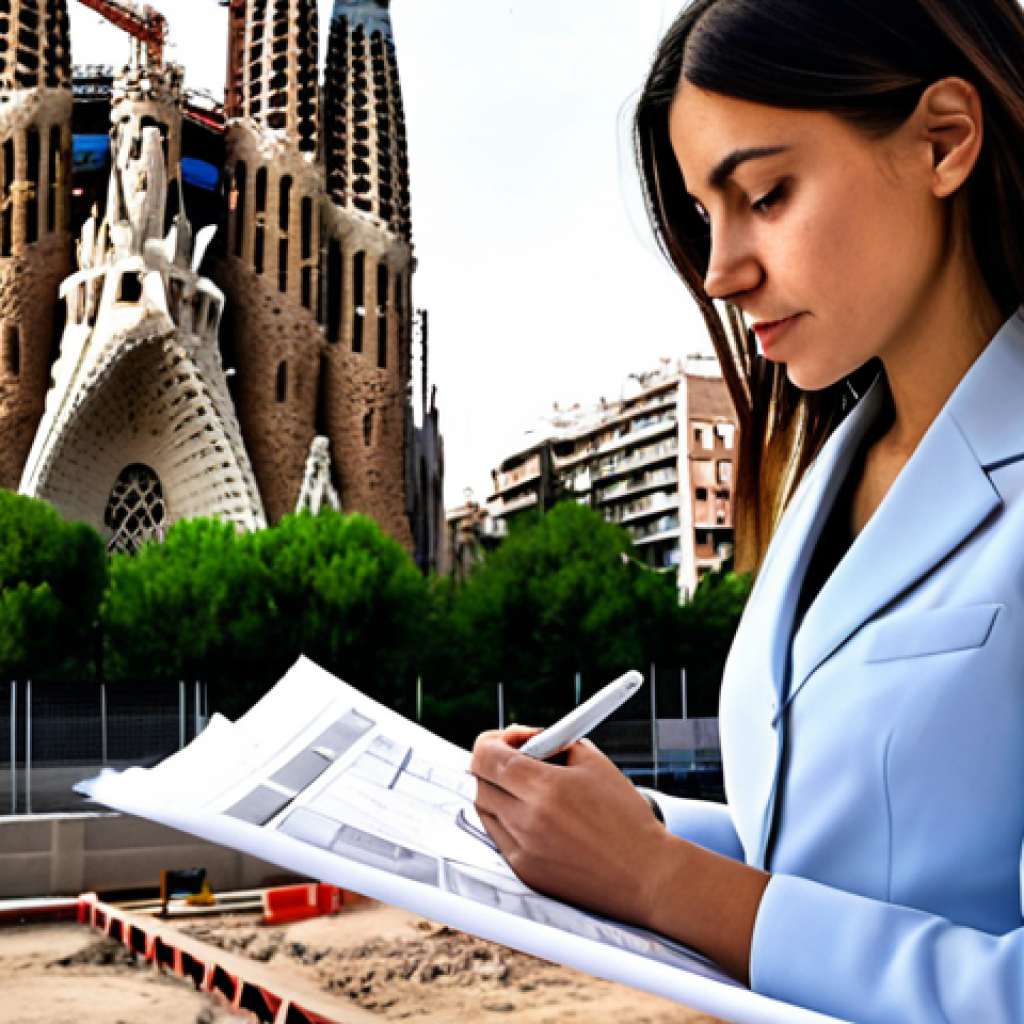 **

A female architect, fully clothed in a professional business casual outfit (blouse, trousers, blazer), reviewing blueprints on a construction site in Barcelona, Spain. The Sagrada Familia is visible in the background. Perfect anatomy, correct proportions, well-formed hands, natural pose. Safe for work, appropriate content, family-friendly, professional photography, high quality.

**