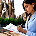 **

A female architect, fully clothed in a professional business casual outfit (blouse, trousers, blazer), reviewing blueprints on a construction site in Barcelona, Spain. The Sagrada Familia is visible in the background. Perfect anatomy, correct proportions, well-formed hands, natural pose. Safe for work, appropriate content, family-friendly, professional photography, high quality.

**
