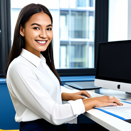 Home 24 Adapting to Digital Transformation**
"A professional administrative assistant in a modern, bright office setting, fully clothed in business casual attire (blouse and slacks), smiling confidently at a computer screen displaying a document management software interface. Safe for work, professional, appropriate content, perfect anatomy, correct proportions, well-formed hands, natural pose, demonstrating digital skills."
**