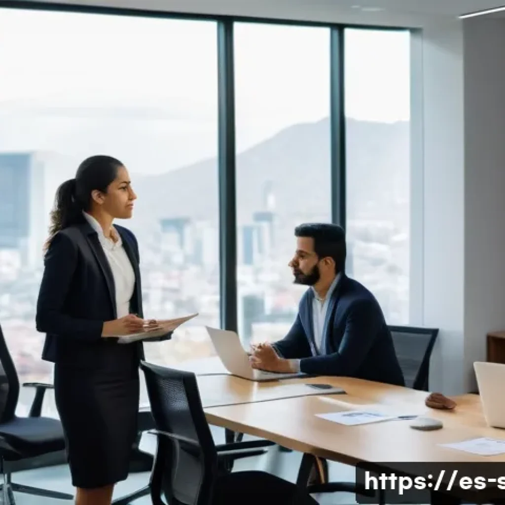 자치행정사 직무 변경 시 고려사항 - A professional Hispanic woman in her early 30s, dressed in business casual attire, confidently leadi...