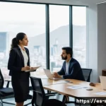 Home 21 자치행정사 직무 변경 시 고려사항 - A professional Hispanic woman in her early 30s, dressed in business casual attire, confidently leadi...