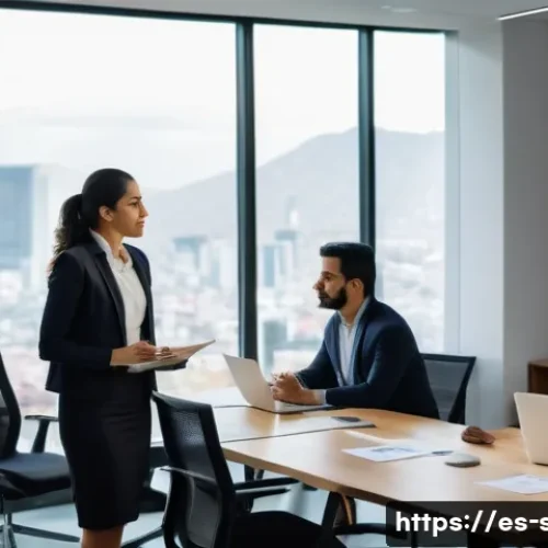 Home 33 자치행정사 직무 변경 시 고려사항 - A professional Hispanic woman in her early 30s, dressed in business casual attire, confidently leadi...