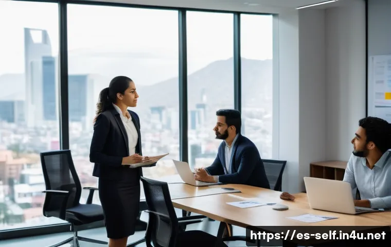 자치행정사 직무 변경 시 고려사항 - A professional Hispanic woman in her early 30s, dressed in business casual attire, confidently leadi...