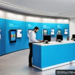 Home 21 자치행정사 업무 변화 트렌드 - A modern Spanish local government office with diverse public servants using digital tablets and comp...