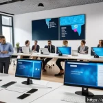 Home 20 자치행정사 직무 만족도 - A modern local government office scene in Spain, showing diverse public employees engaged in a colla...