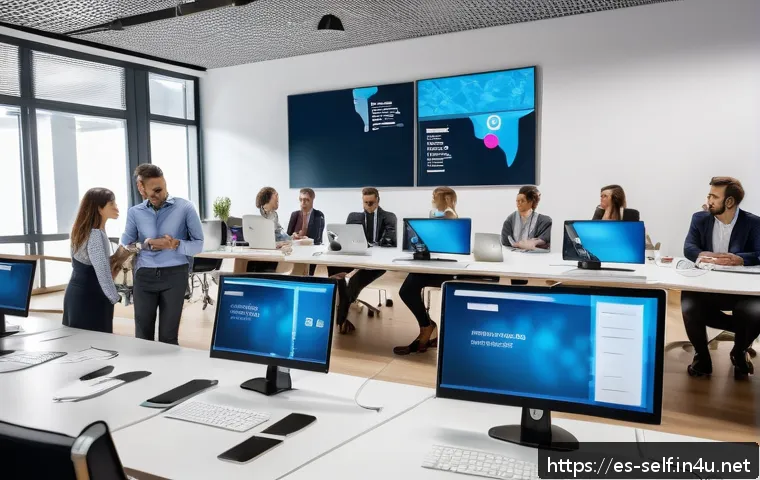 자치행정사 직무 만족도 - A modern local government office scene in Spain, showing diverse public employees engaged in a colla...
